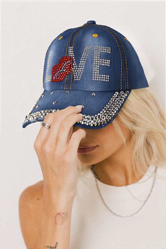 Ashleigh Blue Rhinestone Embellished LOVE Lip Denim Baseball Cap