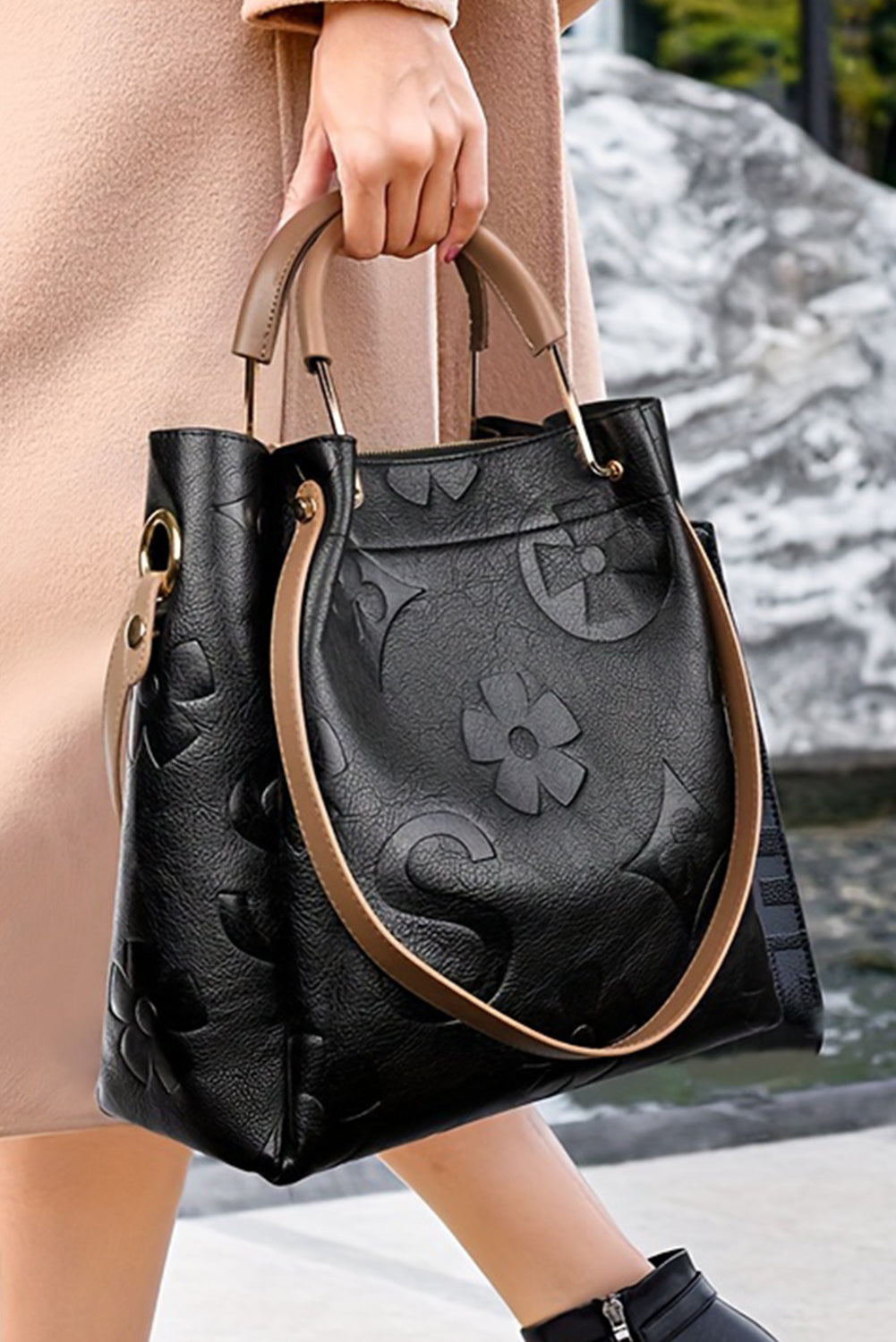 Black Embossed Leather Multi-functional Shoulder Bag with Handle