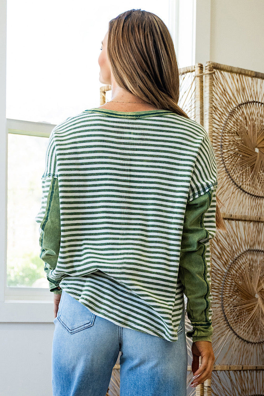 Green Stripe Thermal Knit Drop Shoulder Casual Top