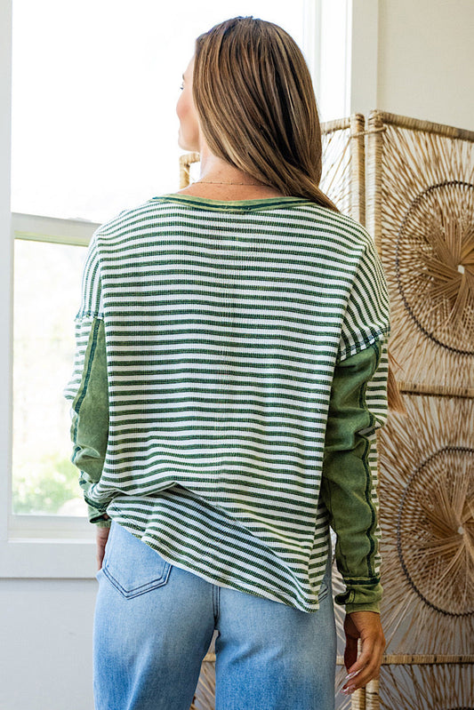 Green Stripe Thermal Knit Drop Shoulder Casual Top