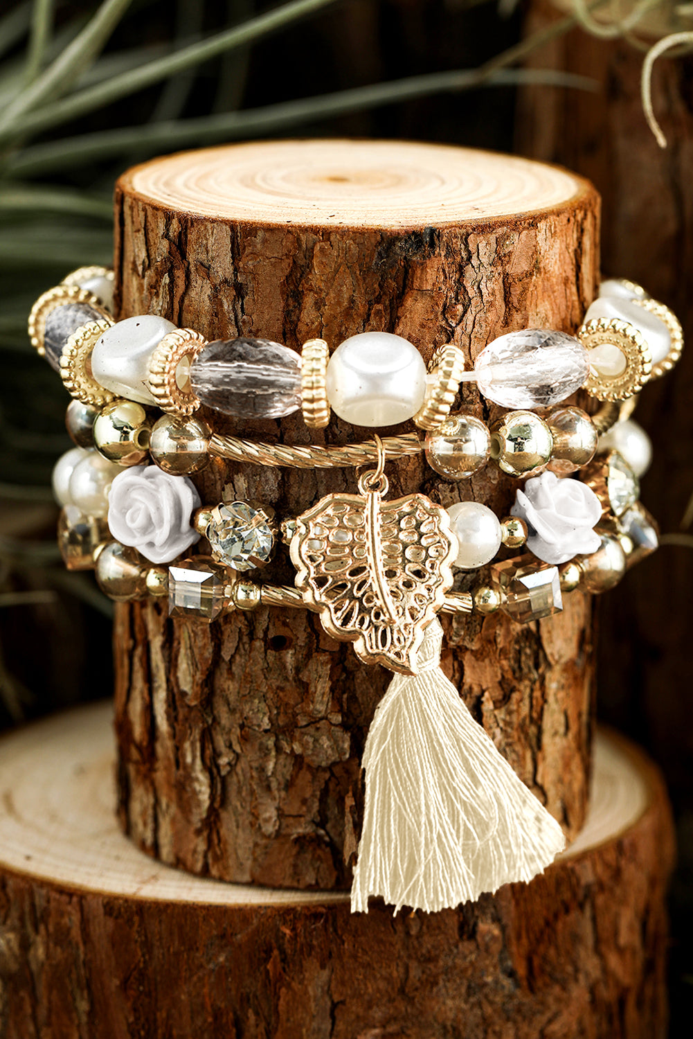 White Bohemian Rhinestone Beaded Fringed Layered Bracelet