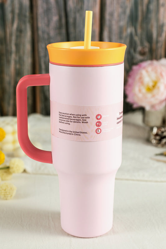 Light Pink Color Block Handle Lid Stainless Steel Insulation Tumbler with Straw