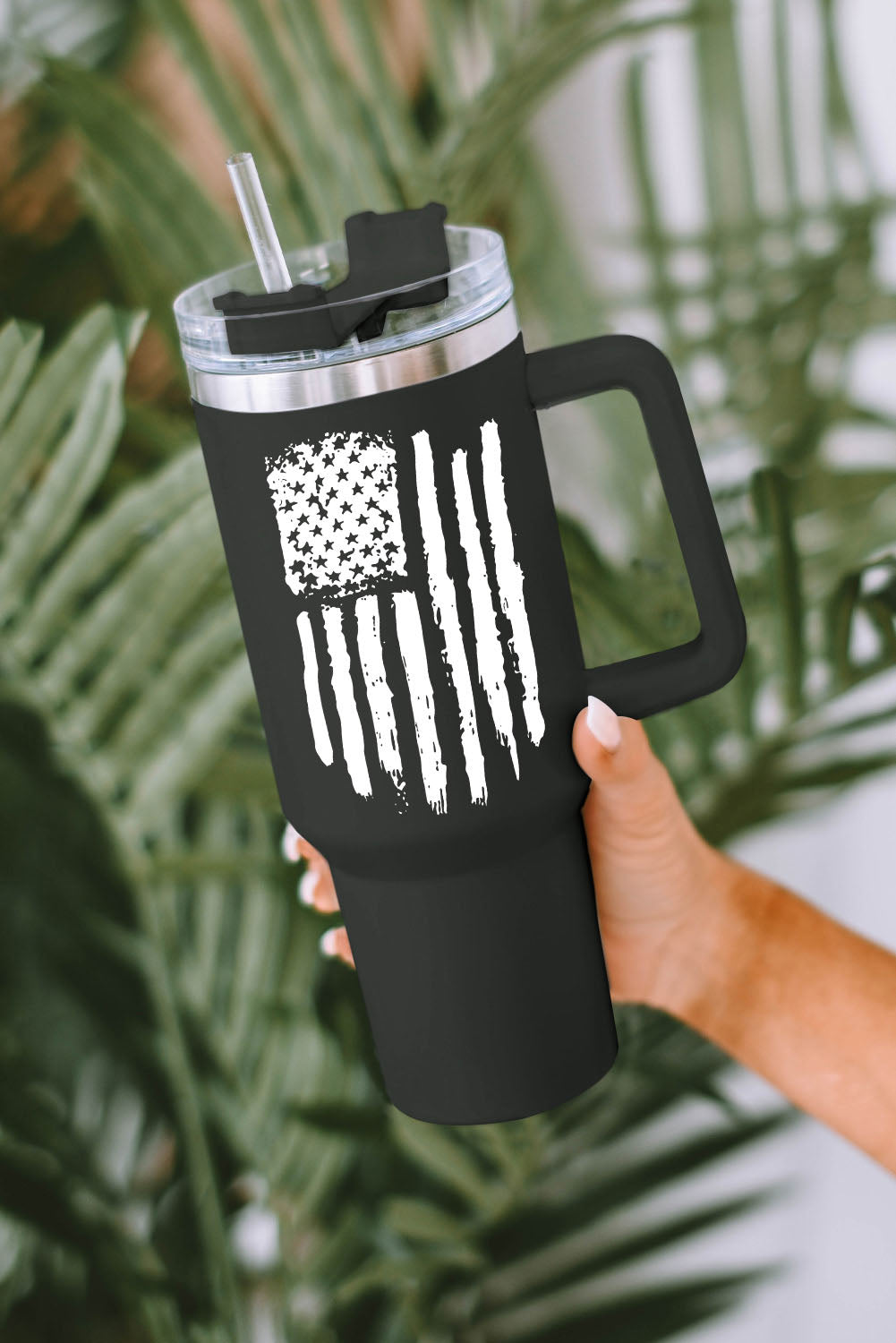 Black American Flag Print Stainless Steel Portable Cup with Handle 40oz