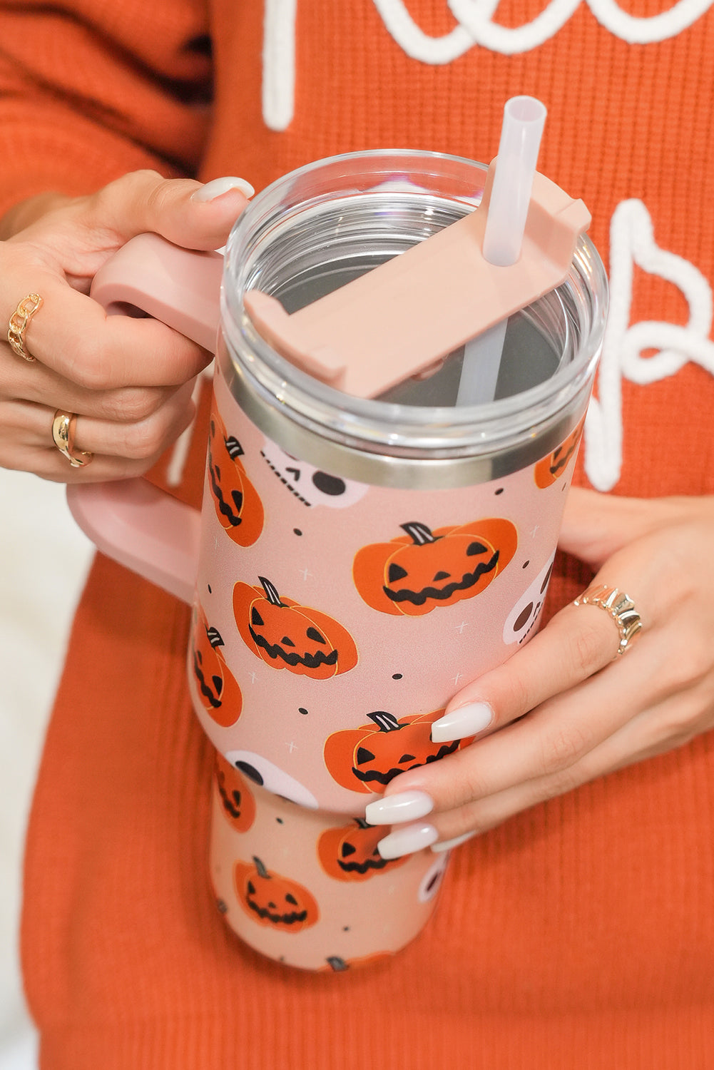 Orange Halloween Pumpkin Skull Print Handle Straw Tumbler 40oz