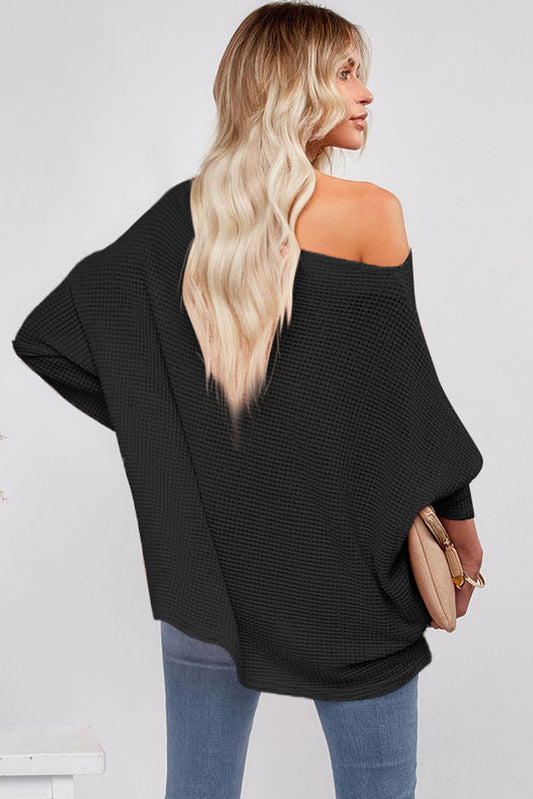 Black Waffle Knit Eyelet Long Sleeve Blouse