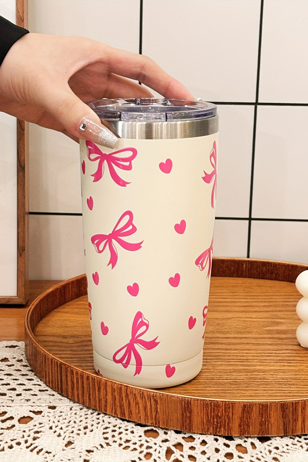 Rose Red Bows Hearts Printed Insulated Stainless Steel Cup