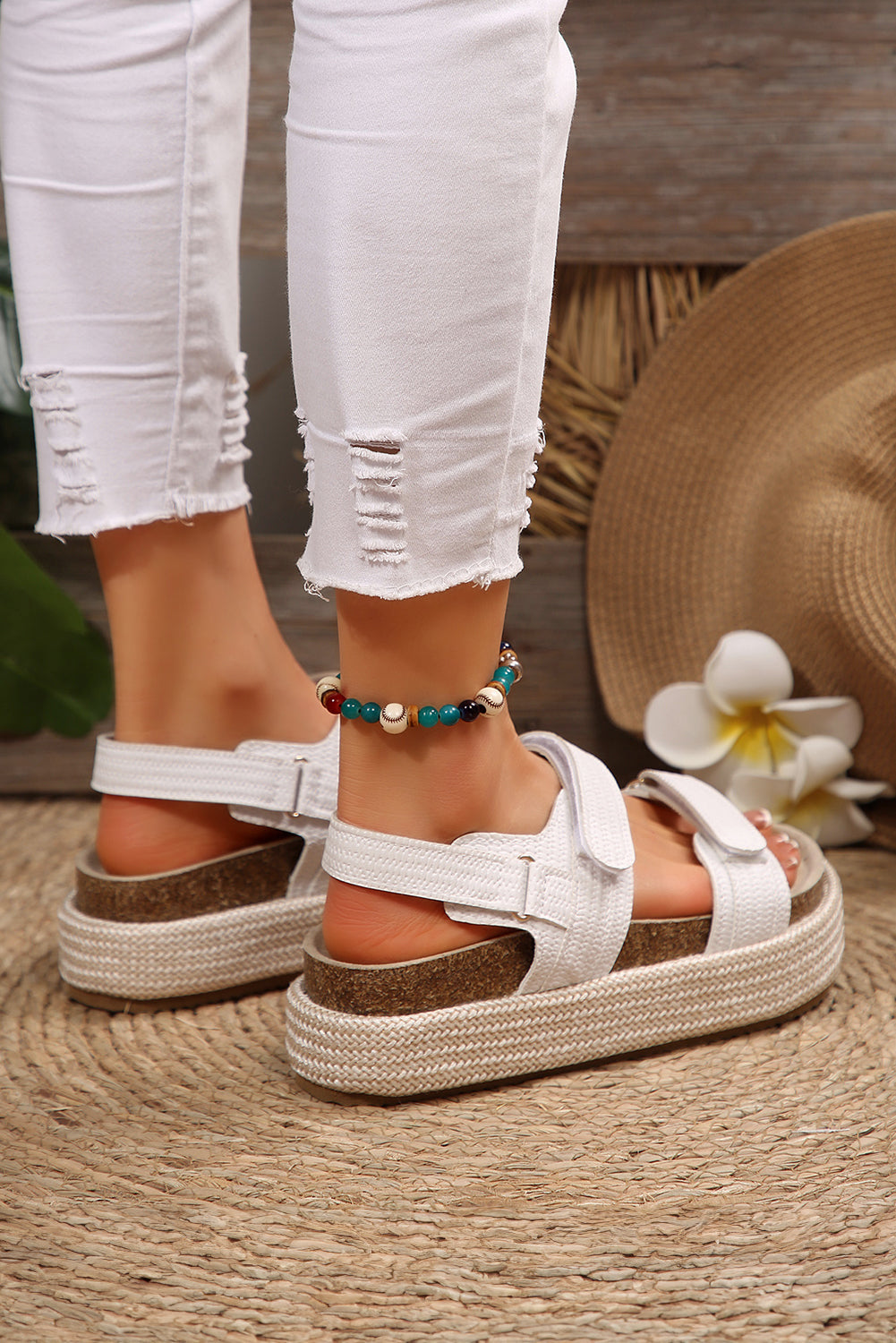 White Double Velcro Woven Platform Sandals