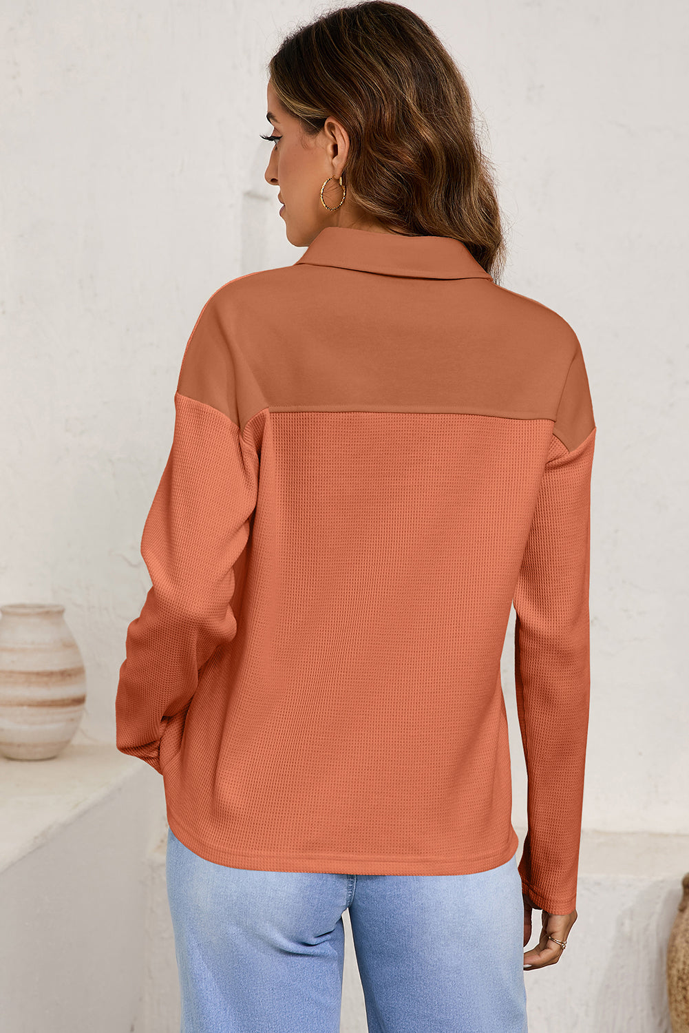 Gold Flame Solid Color Long Sleeve Thermal Knit Polo Collar Patchwork Top