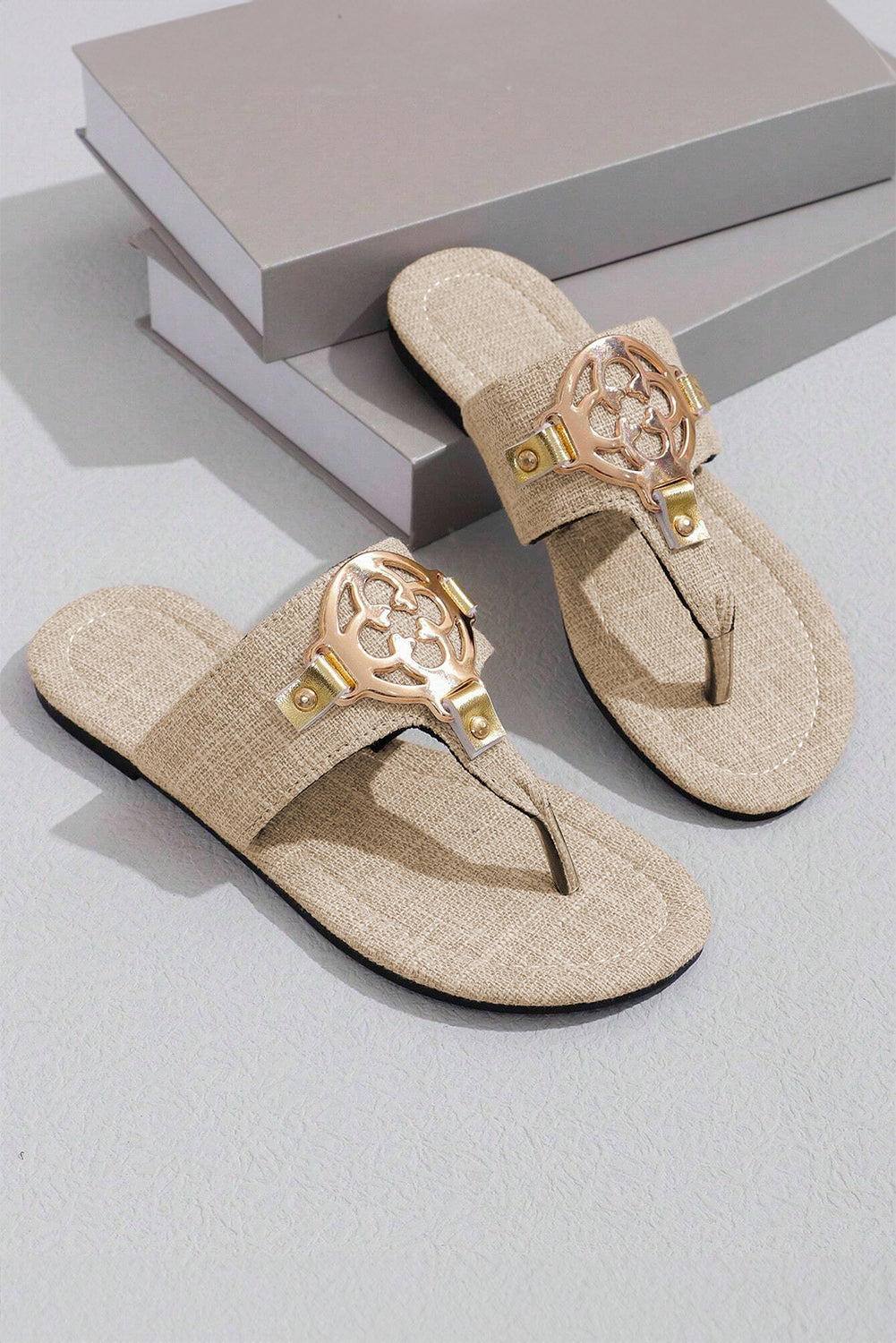 Beige Metal Decor Leather Thong Slippers