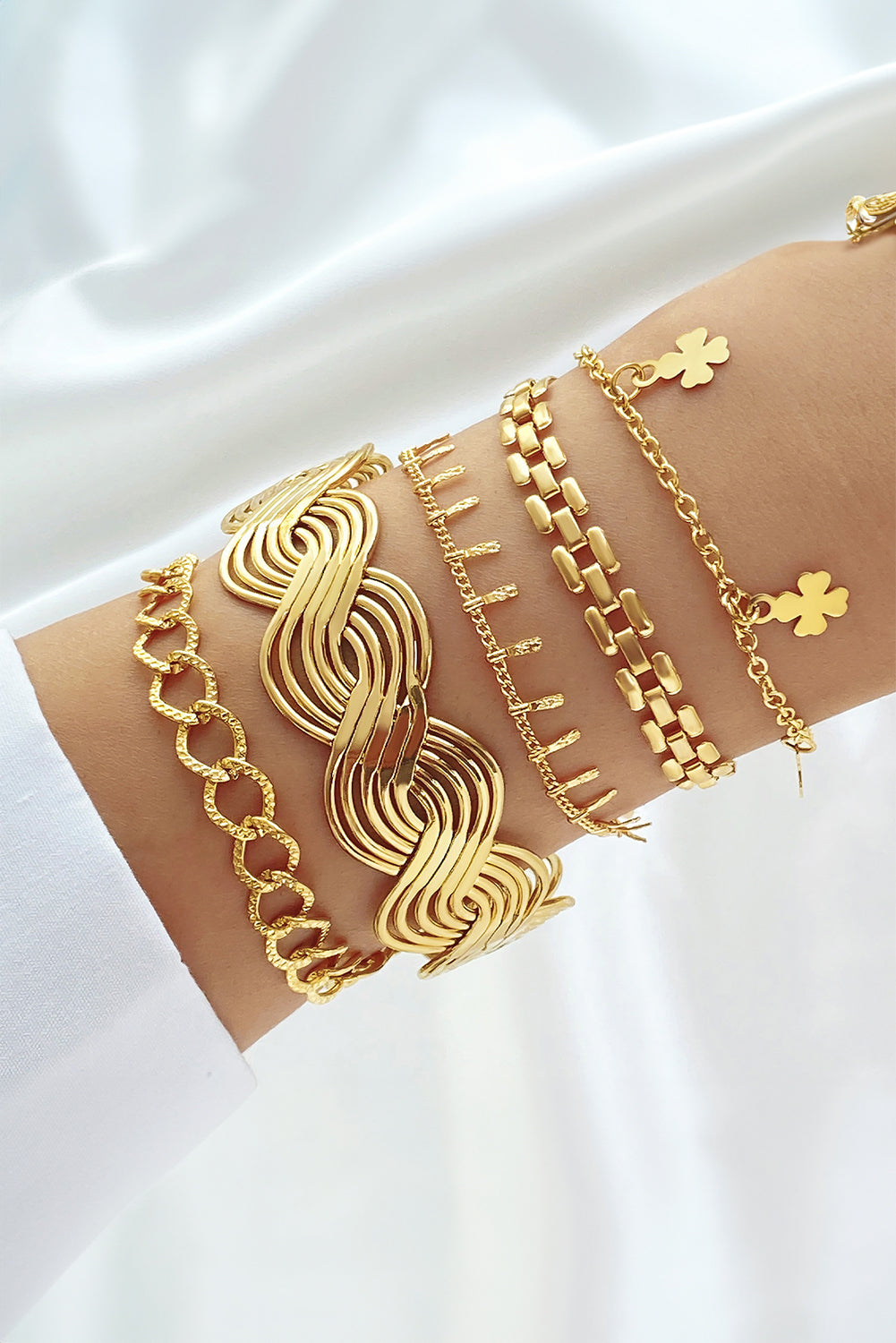 Gold Clover Charm Multi Layered Plated Adjustable Bracelet Set