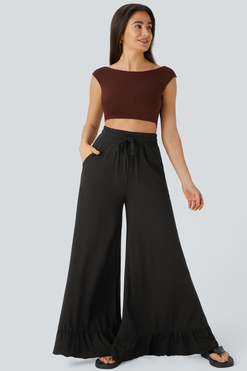 Black Ruffled Wide Leg Pull On High Waist Pants with Pockets