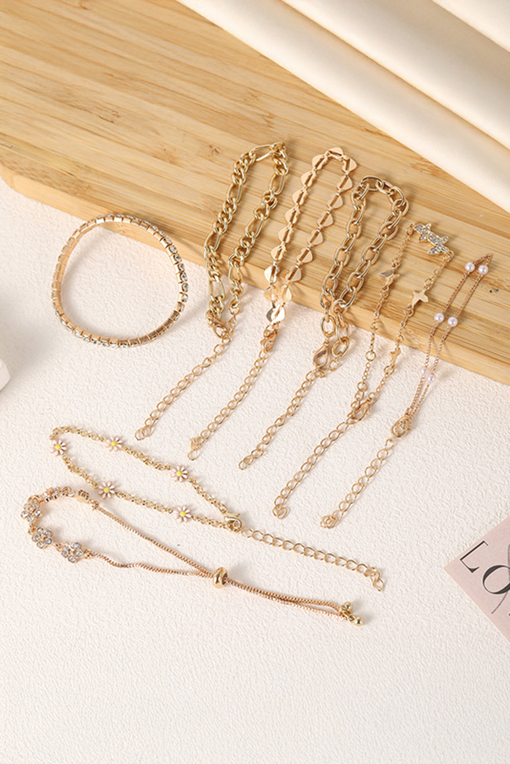 Gold Rhinestone Decor Butterfly Flower Multi Layer Bracelet Set