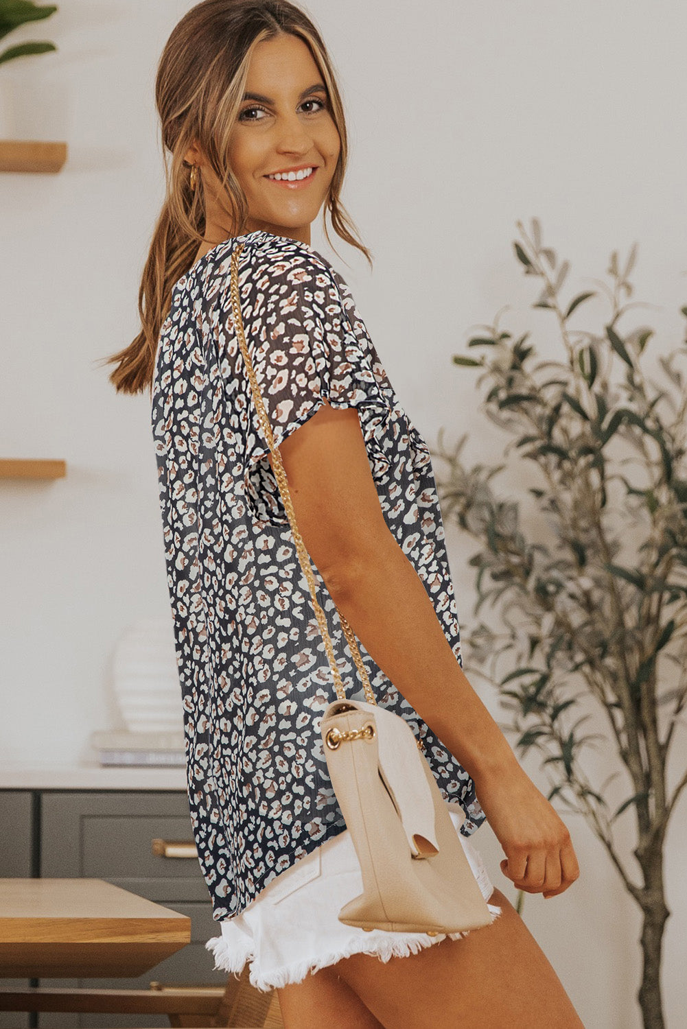 Black Flutter Sleeve V Neck Floral Summer Blouse