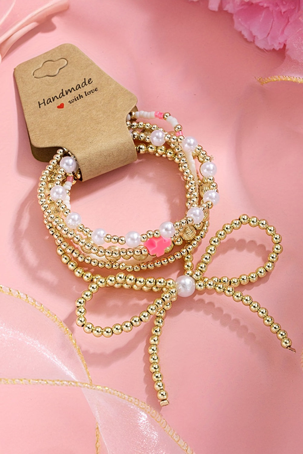 Gold Bow Knot Pearl Decor Beaded Plated Layered Bracelet