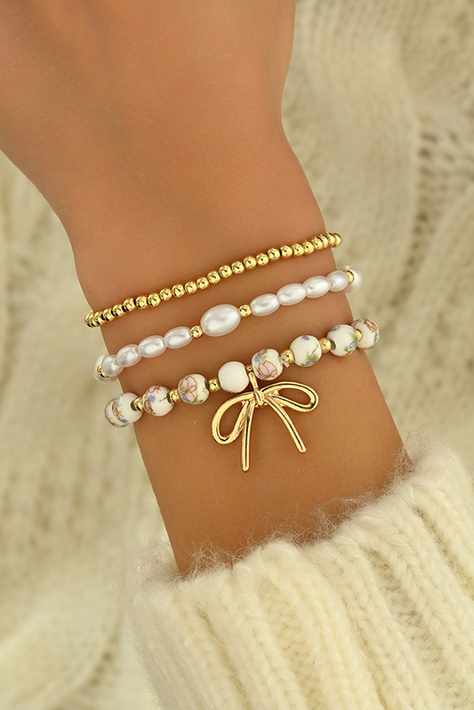 Gold Bow Knot Charm Beaded Triple Layer Bracelet Set