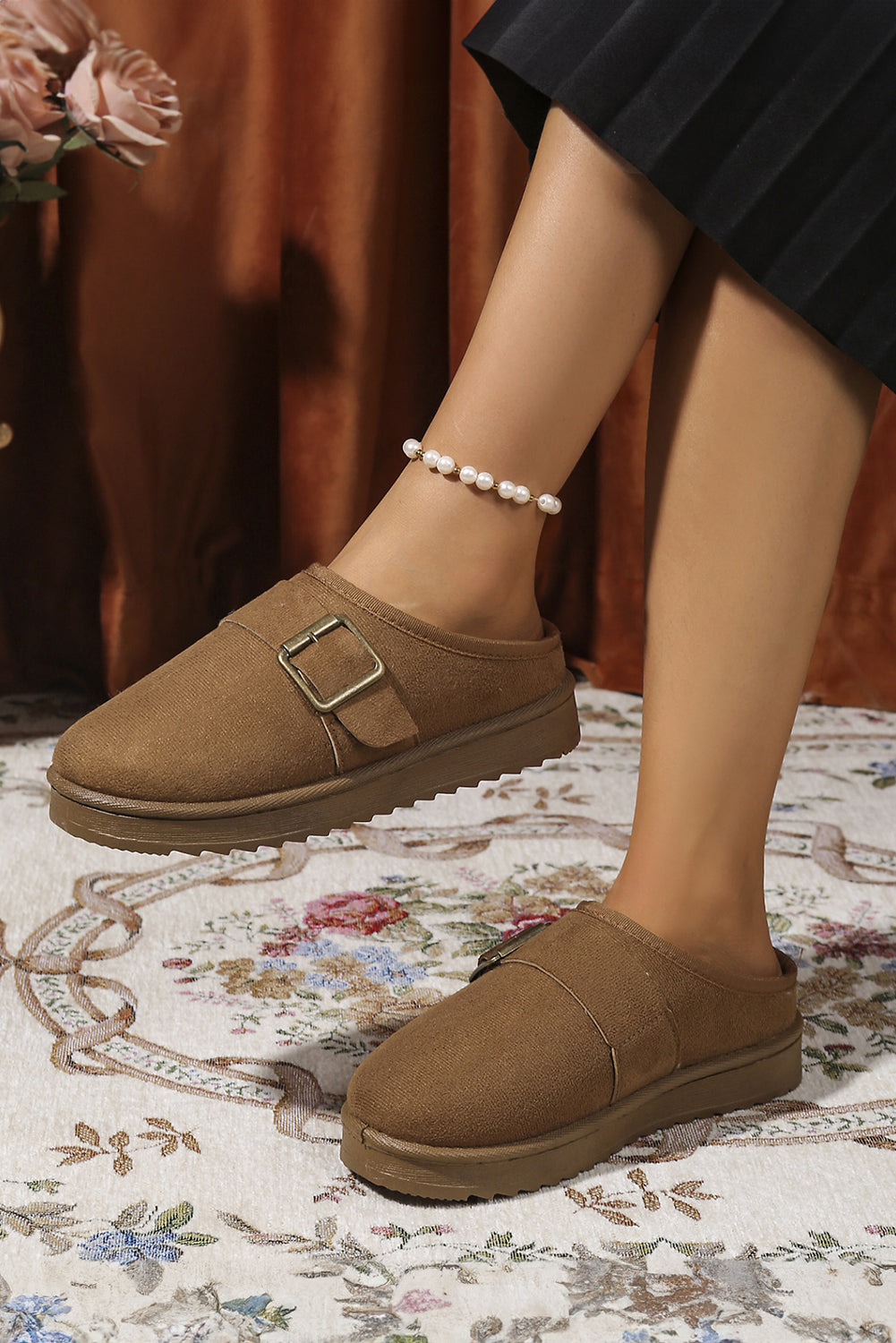 Camel Faux Suede Buckle Strap Detail Winter Clog Slippers
