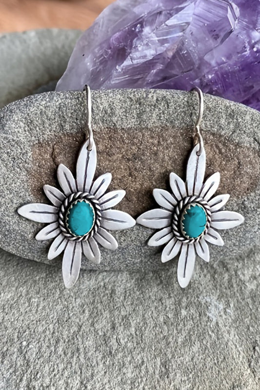 Silvery Western Turquoise Flower Shape Hook Earrings