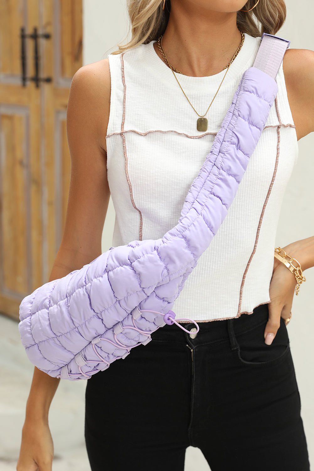 Wisteria Marshmallow Quilted Drawstring Decor Sling Bag