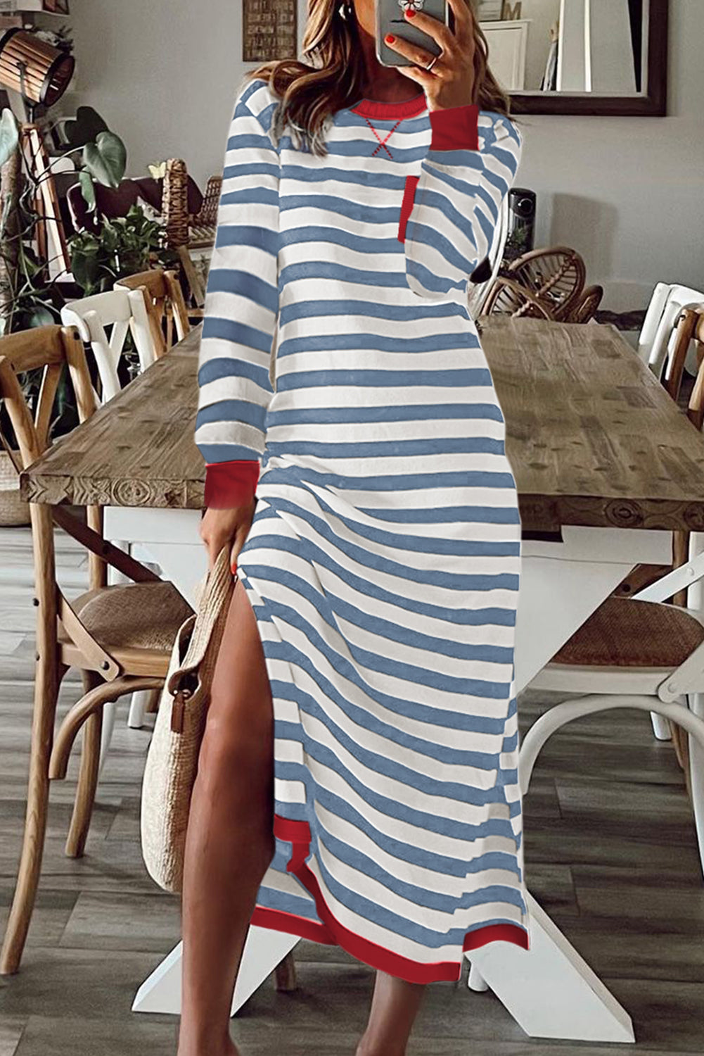 Sky Blue Stripe Striped Print Contrast Edge Long Sleeve Midi Dress with Side Splits