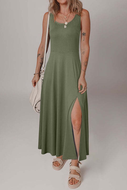 Four Leaf Clover Sleeveless Scoop Neck Flared Split Midi Dress