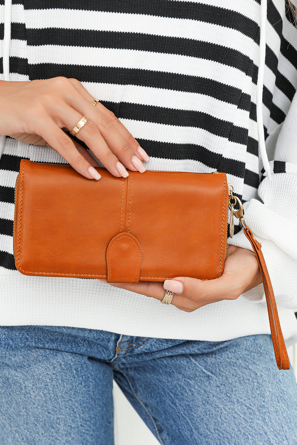 Cinnamon Faux Leather Zip Around Wrist Strap Long Wallet