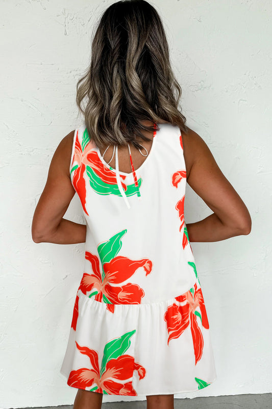 Red Floral Lace up Ruffled Sundress