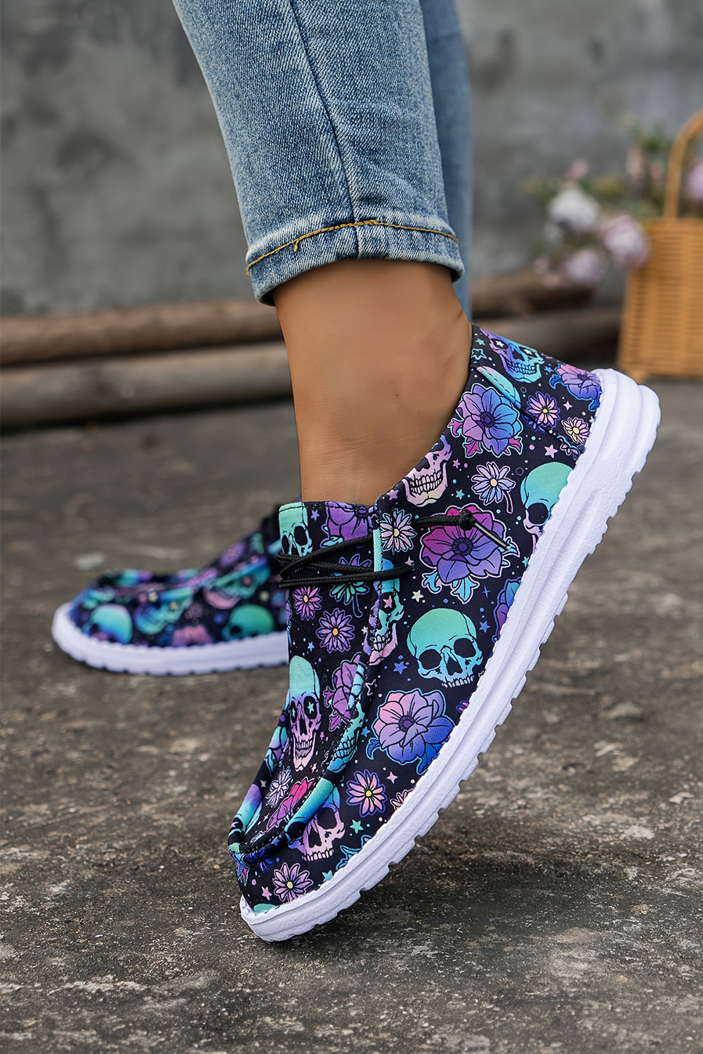 Dark Blue Sugar Skull Print Lace-up Detail Halloween Flat Shoes