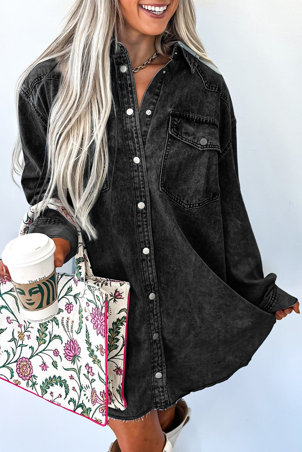 Medium Grey Beau Chest Pocket Raw Hem Denim Loose Shirt Dress