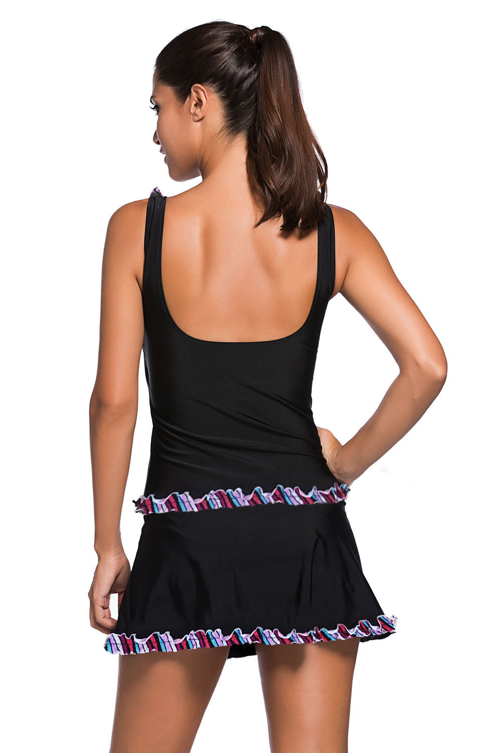 Plus Size Ruffle Trim Black Active Tank Top and Skort Swimsuit