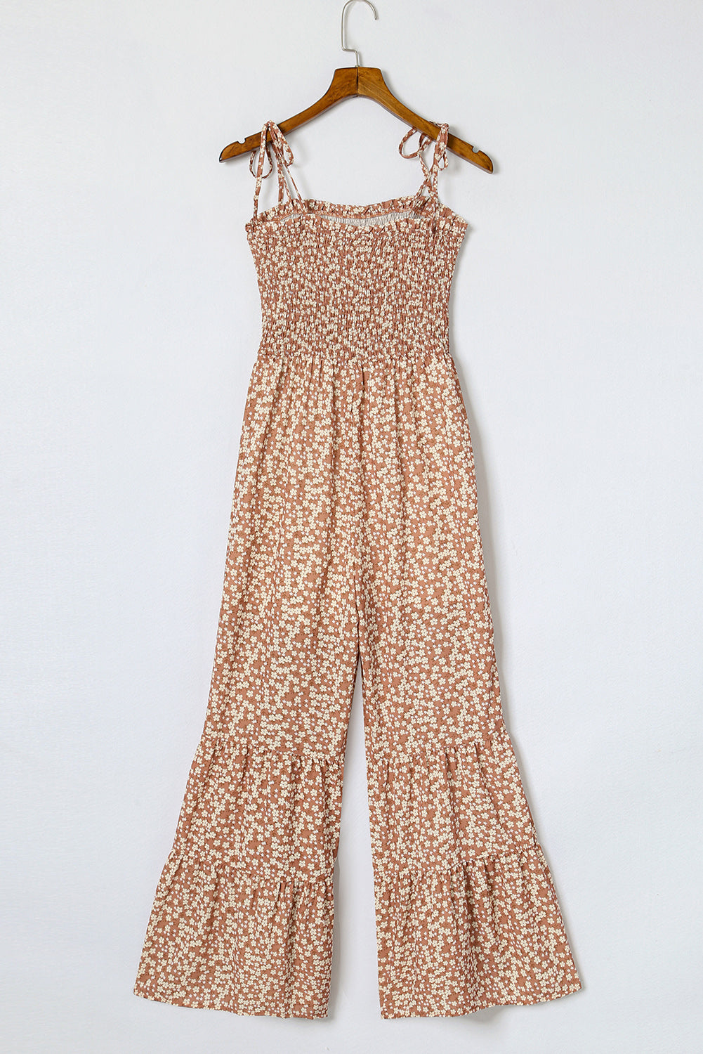 Khaki Thin Straps Smocked Bodice Wide Leg Floral Jumpsuit