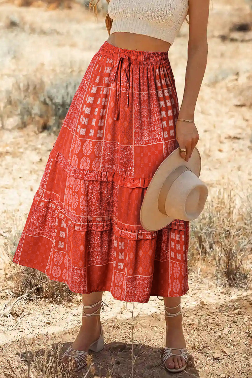 Red Bohemian Mix Print Long Flared Skirt Emmeline s Fashion