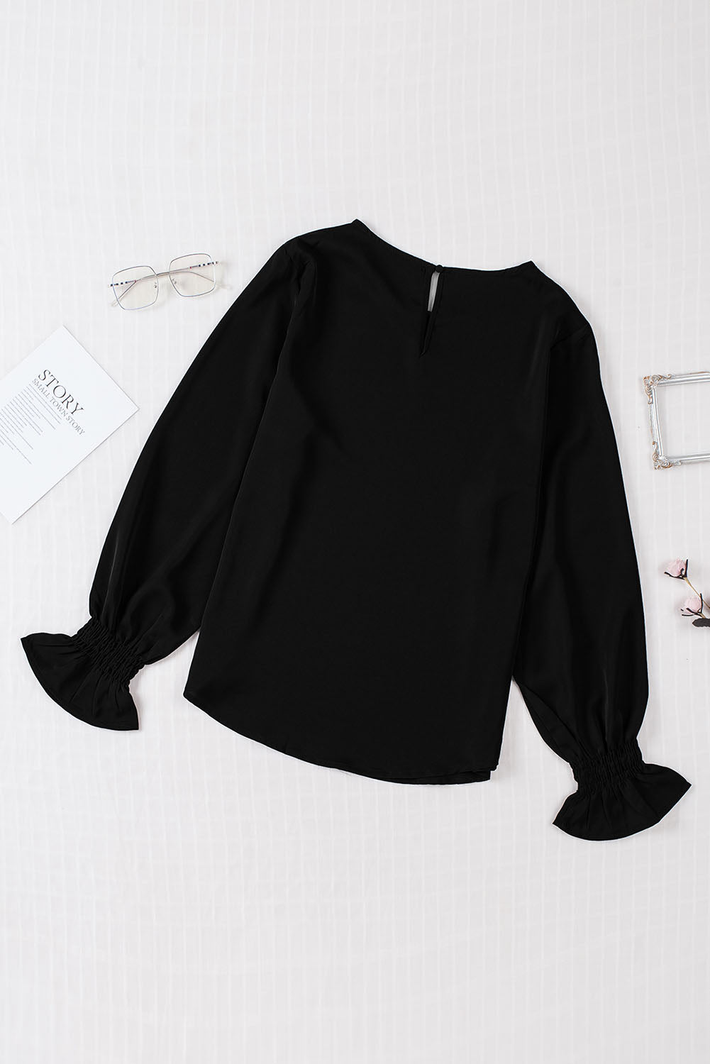 Black Crew Neck Ruffle Bubble Sleeve Top