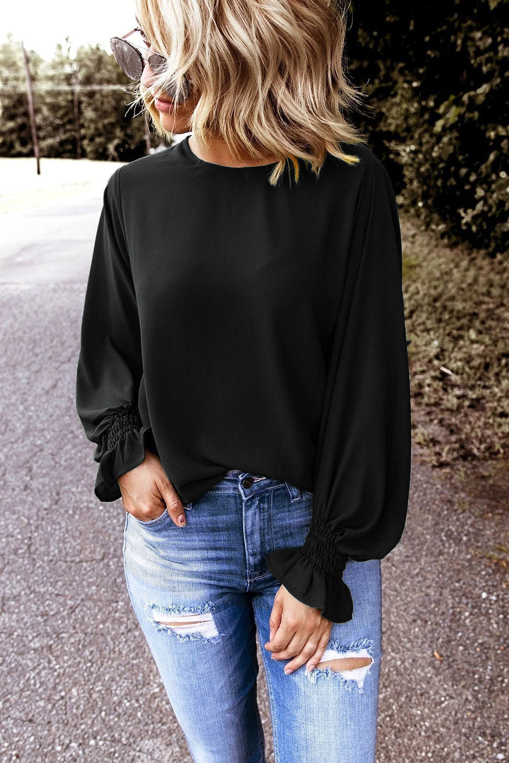 Black Crew Neck Ruffle Bubble Sleeve Top