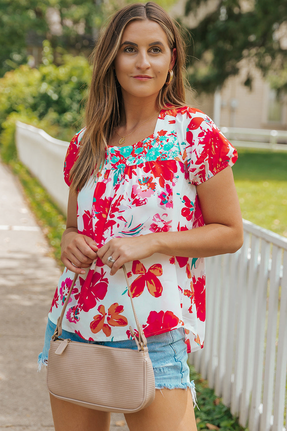 Fiery Red Floral Printed Square Neck Blouse