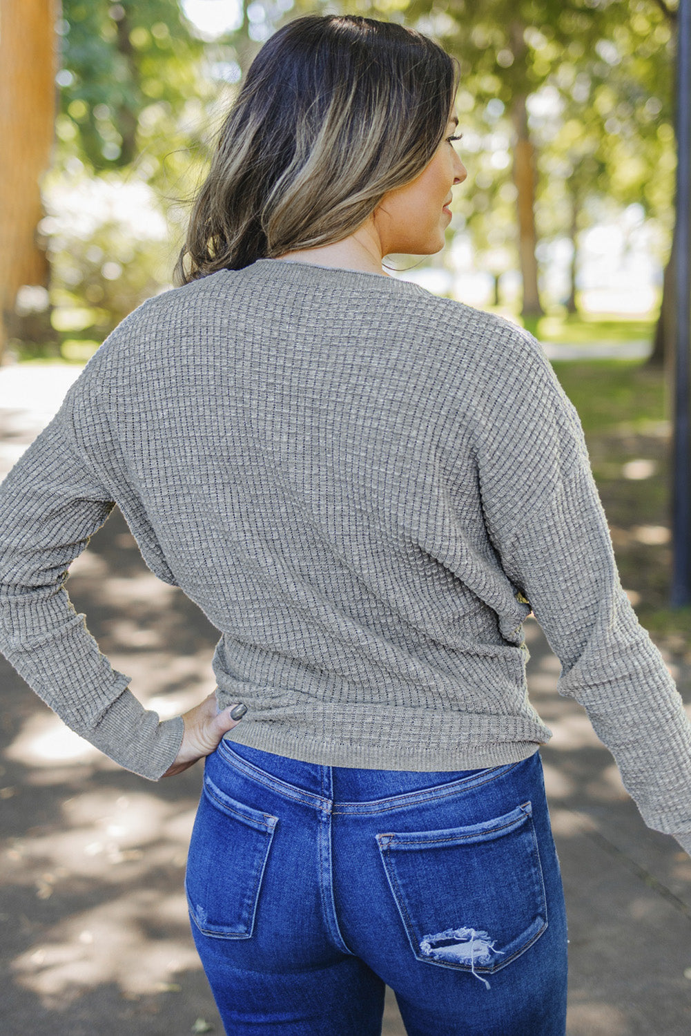 Gray Black/Pink/Gray/Khaki/Apricot Wrap V Neck Waffle Sweater