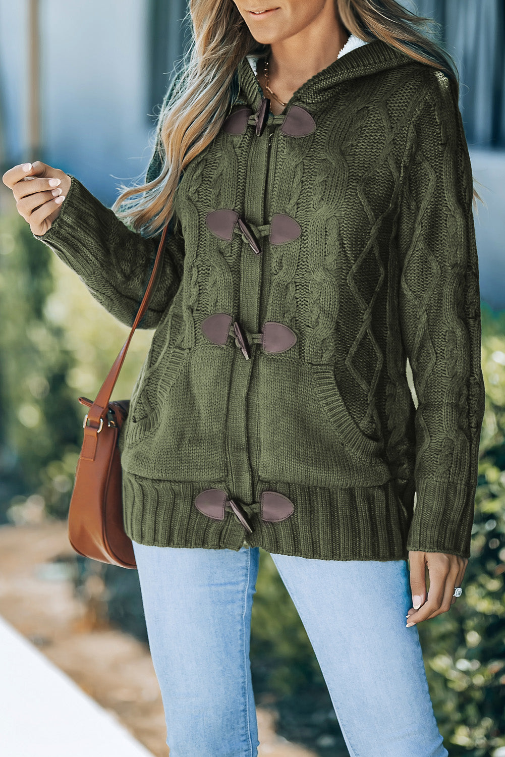 Army Green Fur Hood Horn Button Sweater Cardigan