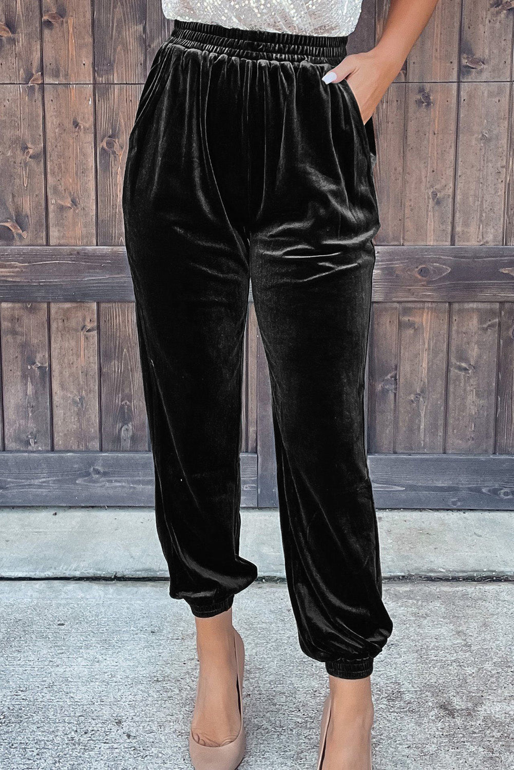 Black Solid Velvet Jogger Pants Emmeline s Fashion