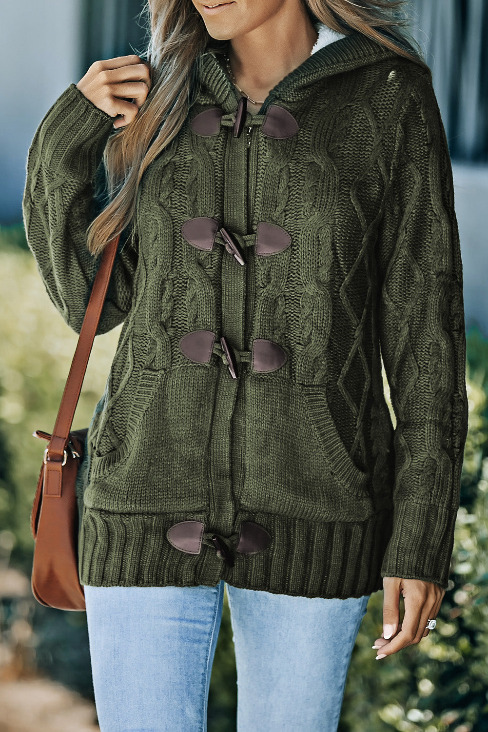 Army Green Fur Hood Horn Button Sweater Cardigan