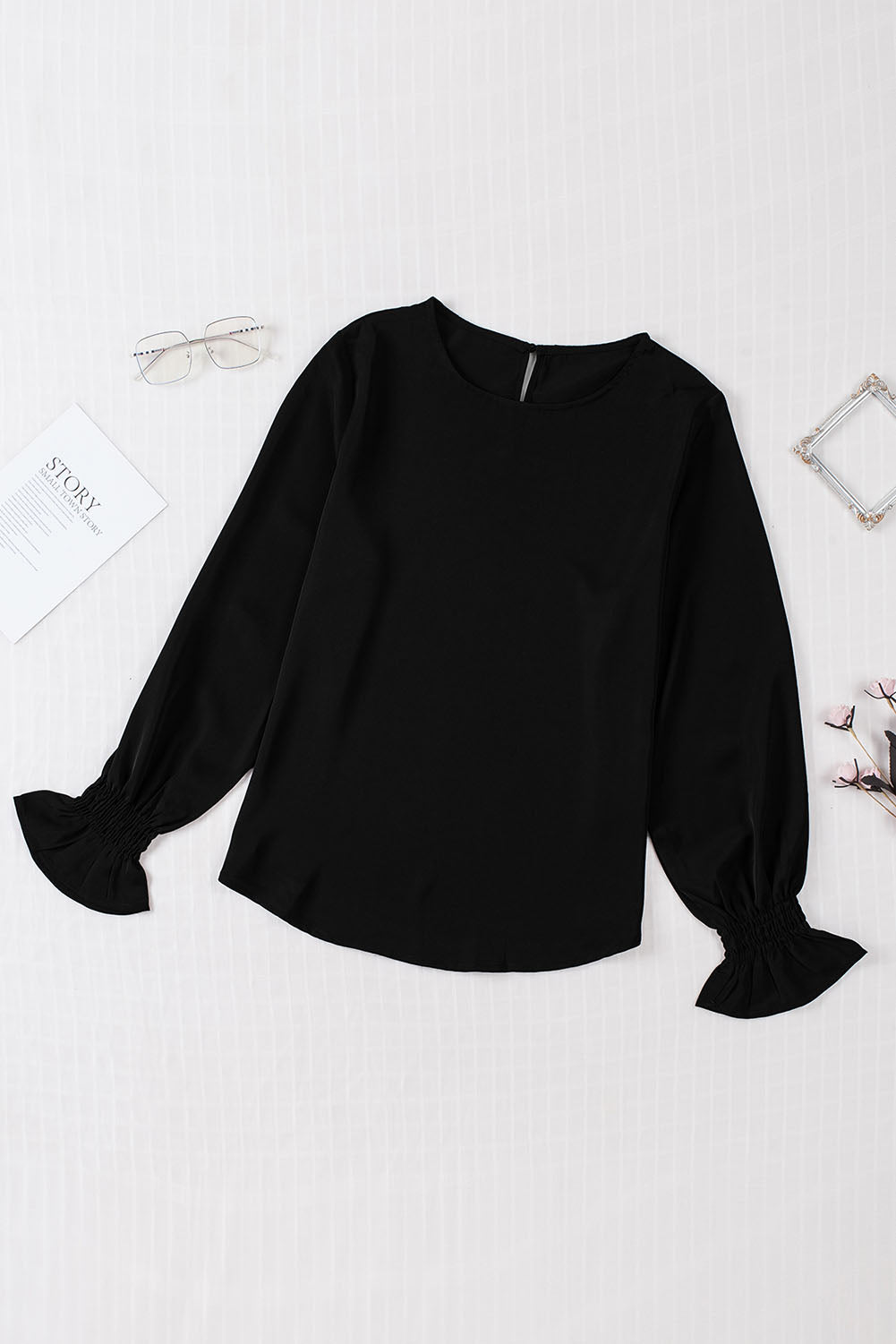 Black Crew Neck Ruffle Bubble Sleeve Top