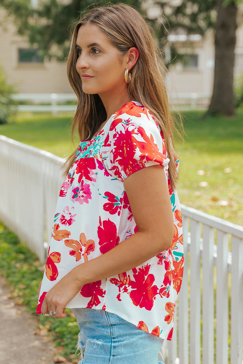 Fiery Red Floral Printed Square Neck Blouse