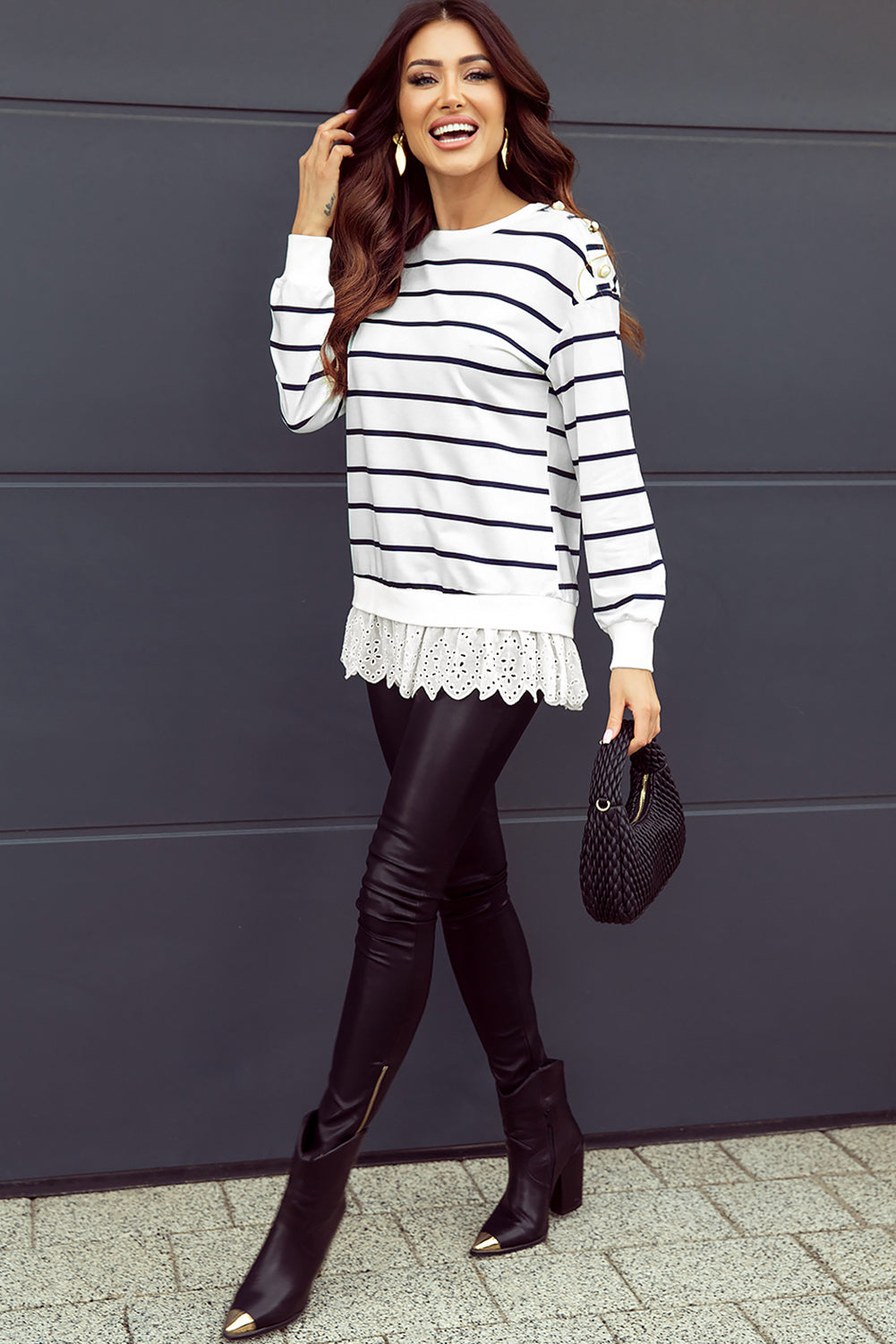White Striped Button Dropped Shoulder Lace Splicing Top