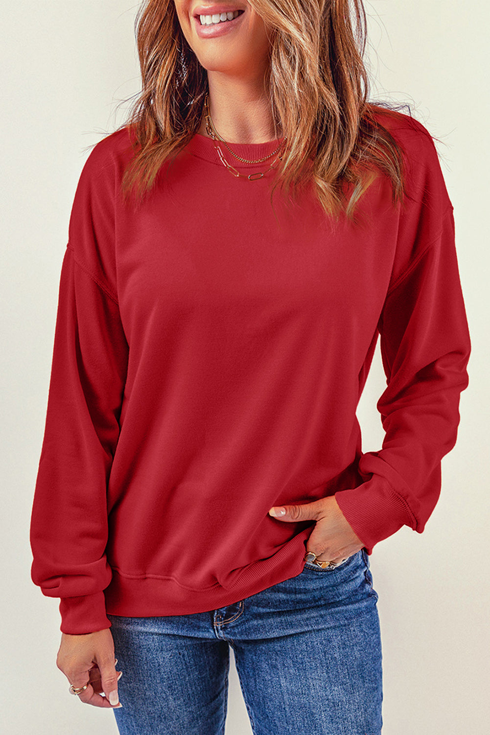 Fiery Red Plain Crew Neck Pullover Sweatshirt