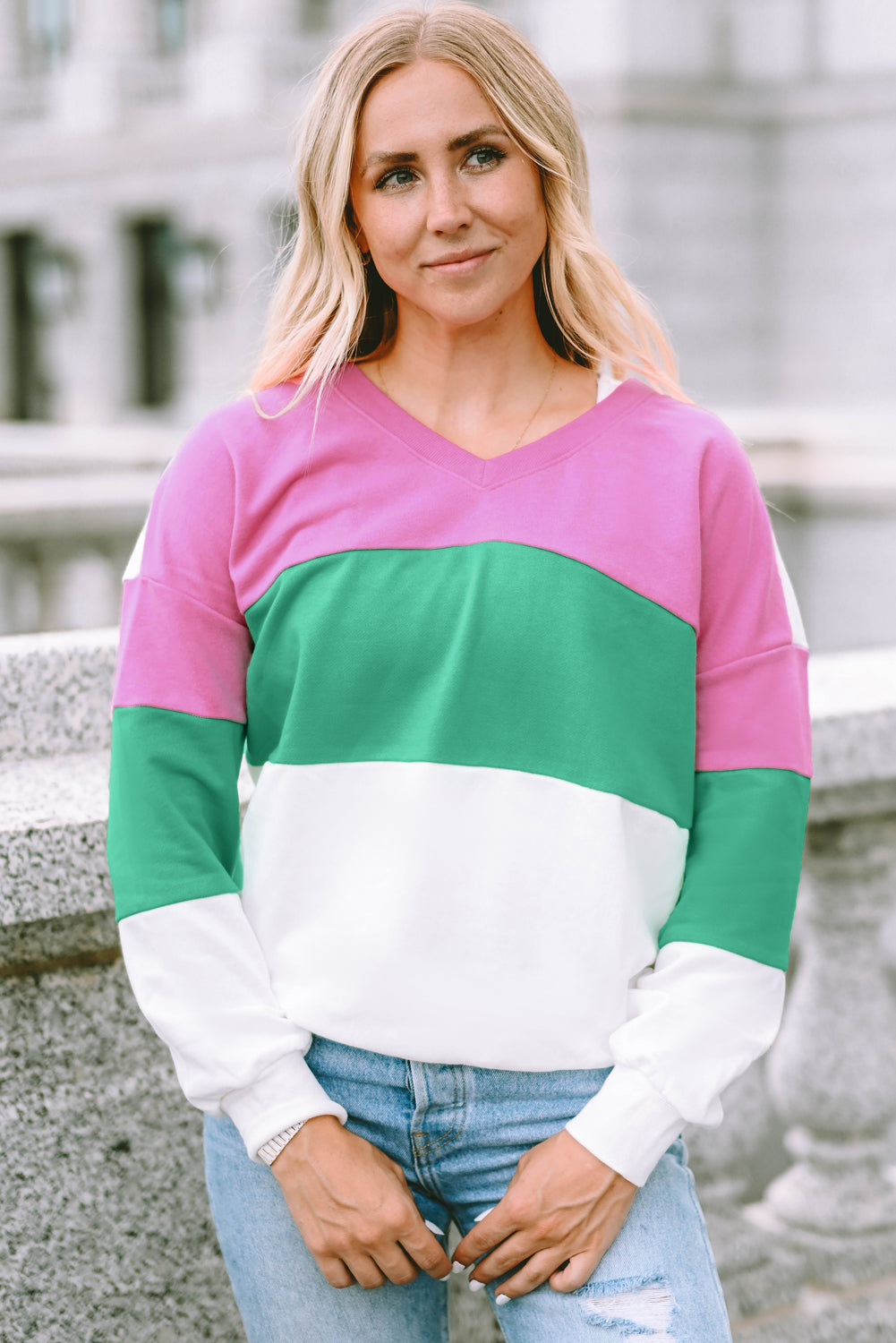 Pink Ribbed V Neck Color Block Patchwork Sweatshirt