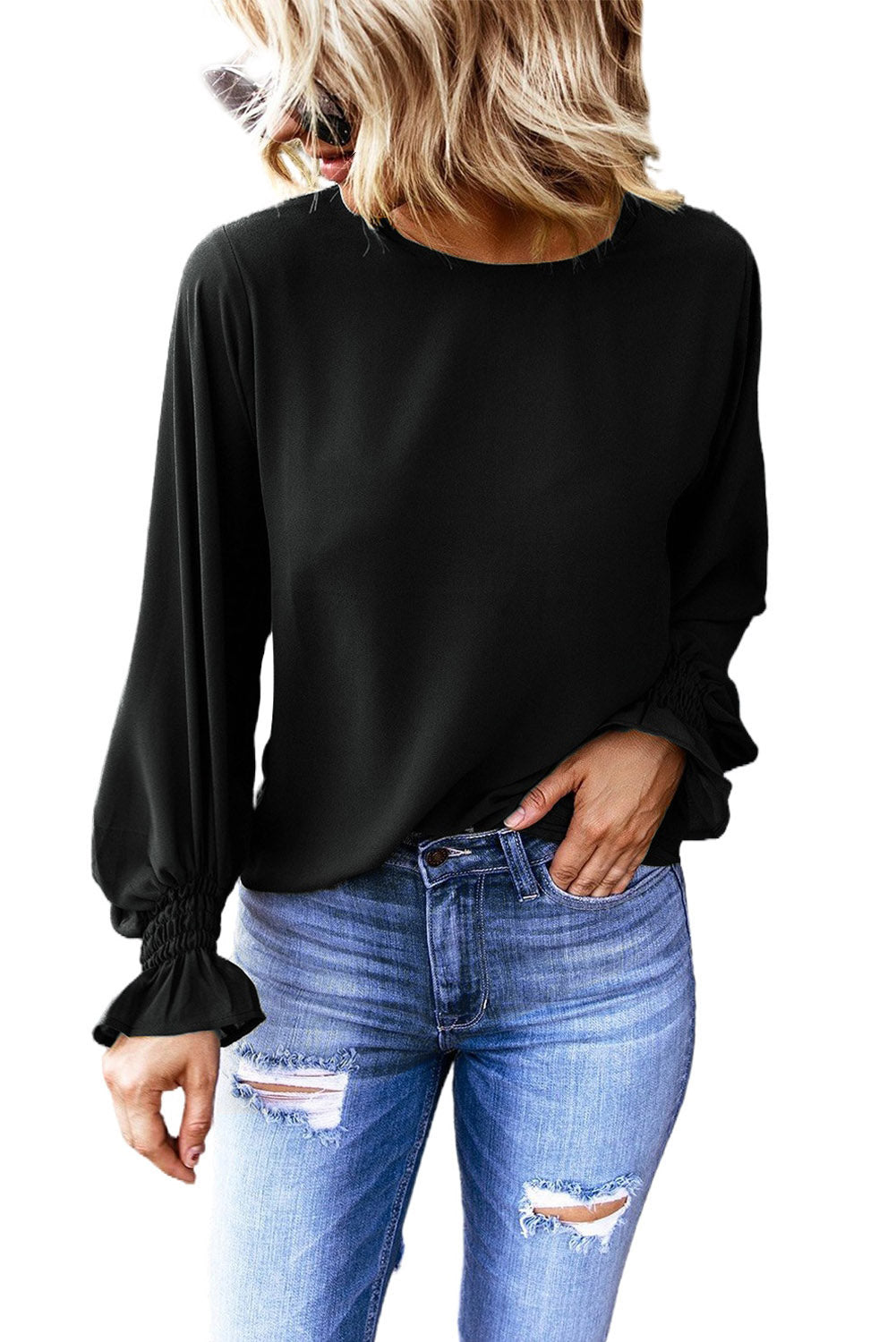Black Crew Neck Ruffle Bubble Sleeve Top