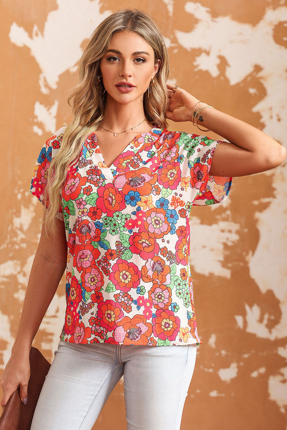 Fiery Red Floral Split Neck Top