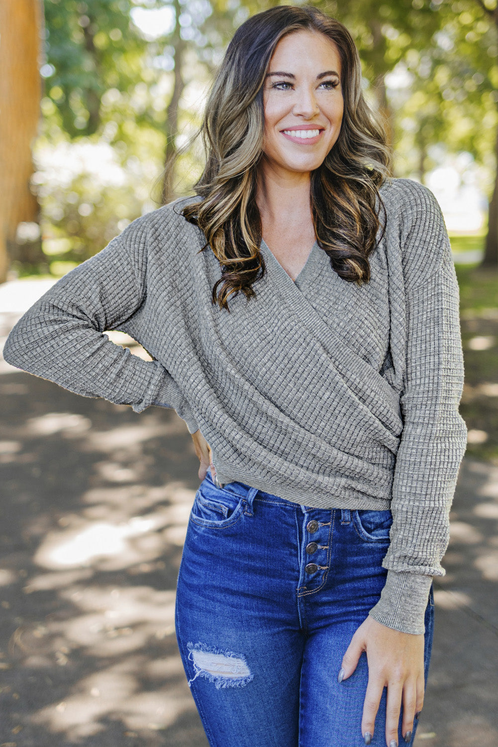 Gray Black/Pink/Gray/Khaki/Apricot Wrap V Neck Waffle Sweater