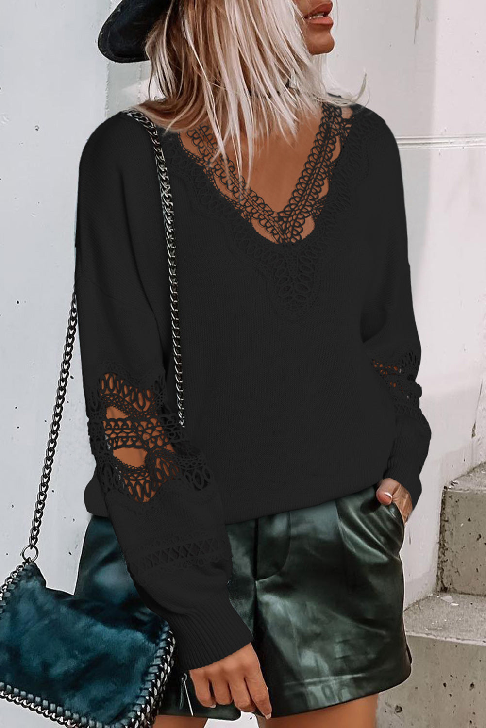 Black Pointelle Knit Button V Neck Drop Shoulder Sweater