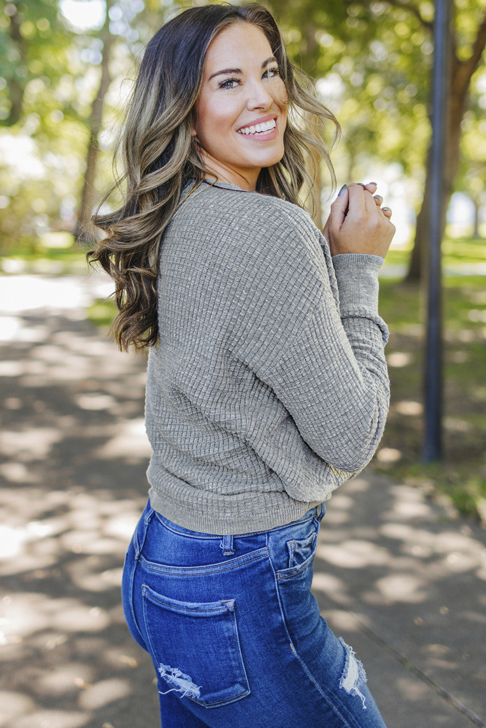 Gray Black/Pink/Gray/Khaki/Apricot Wrap V Neck Waffle Sweater