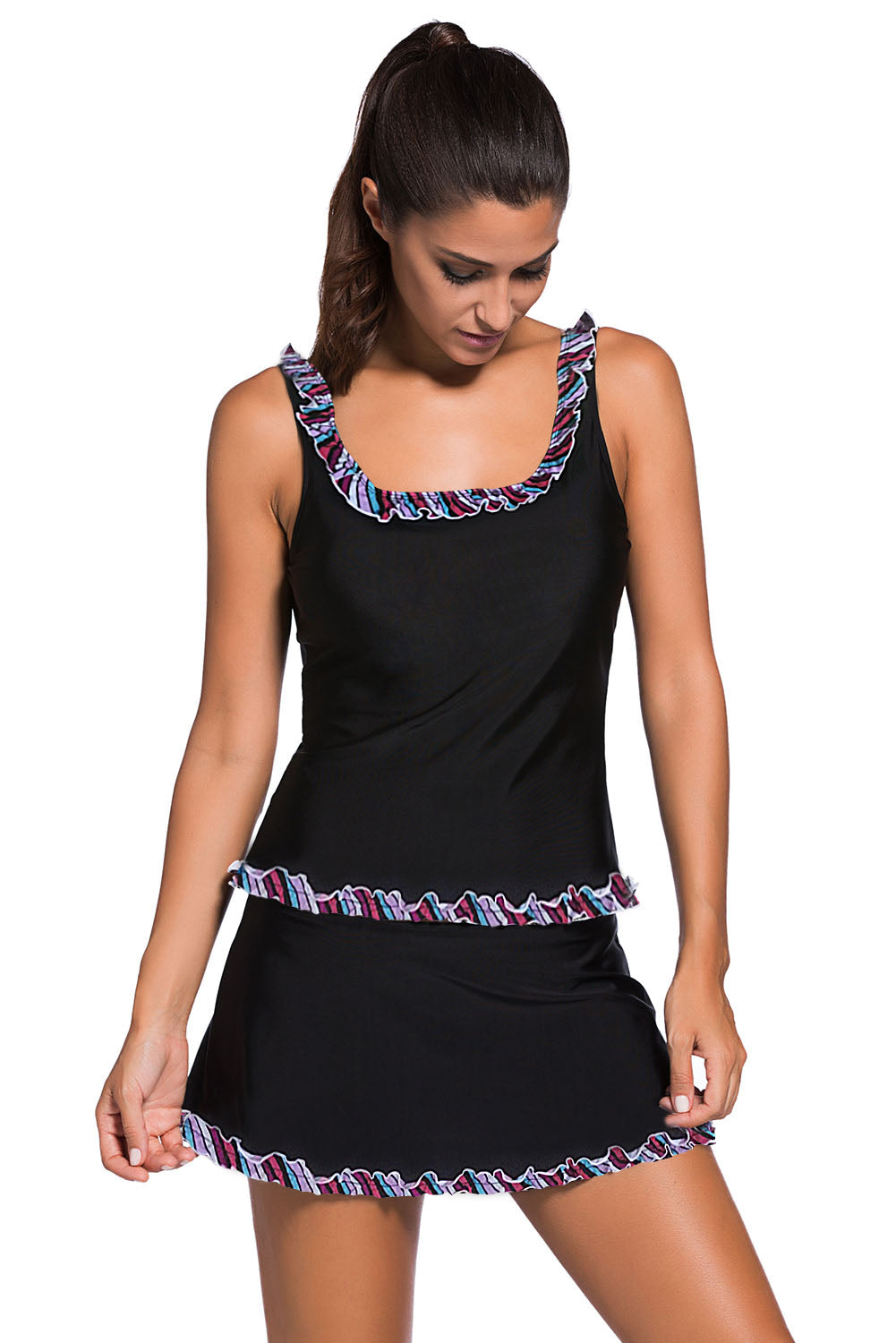 Plus Size Ruffle Trim Black Active Tank Top and Skort Swimsuit