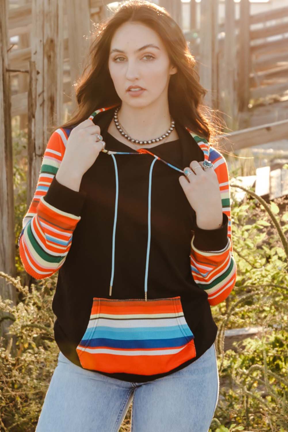 Multicolor Colorful Striped Patchwork Kangaroo Pocket Hoodie